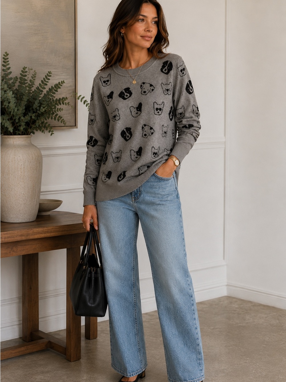 Anthropologie grey novelty dog sweater preppy Y2K Kawaii cozy whimsical 90’s L